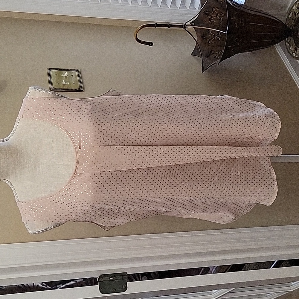 Ann Taylor pink top metallic gold polka dot round neck sleeveless solid XL …EUC